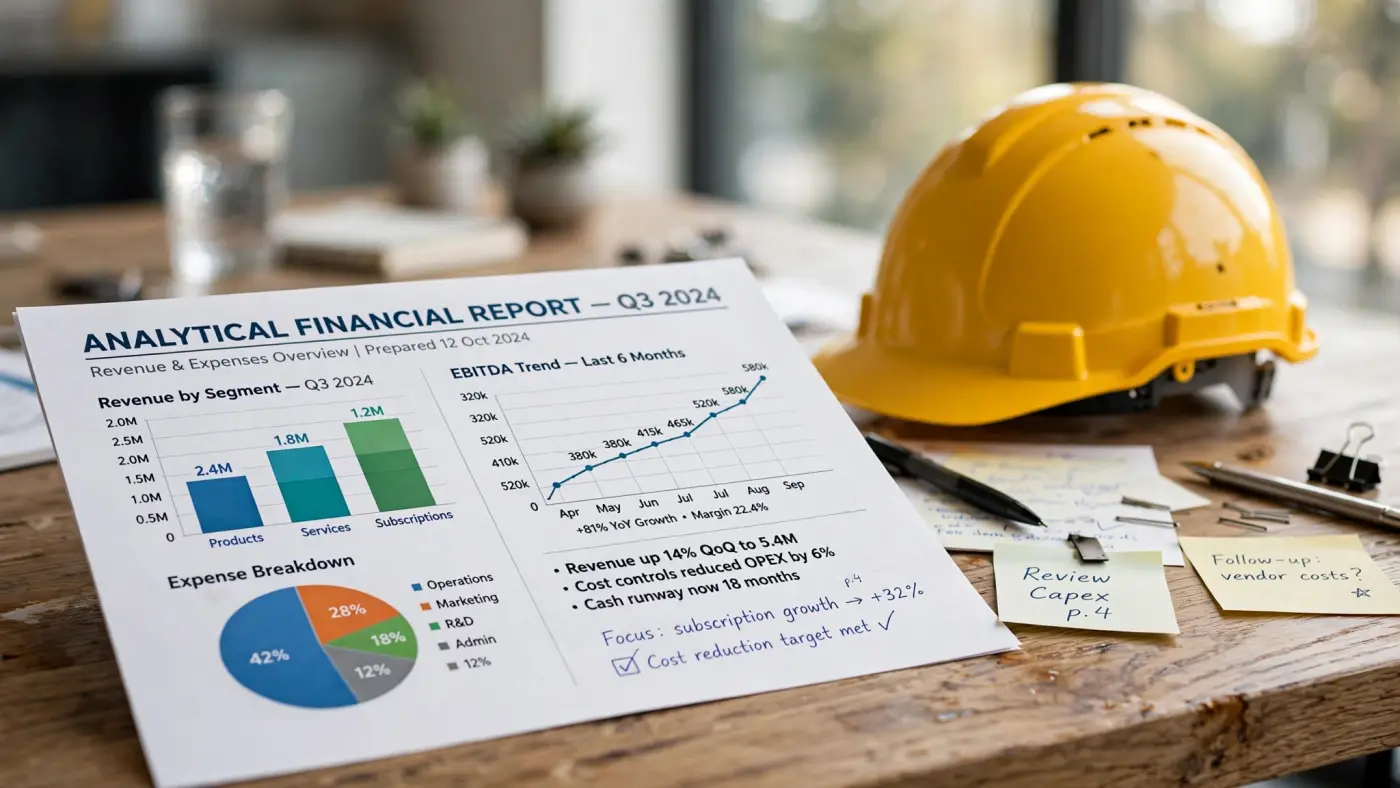 Informe analítico impreso con gráficos sobre un escritorio junto a un casco de seguridad