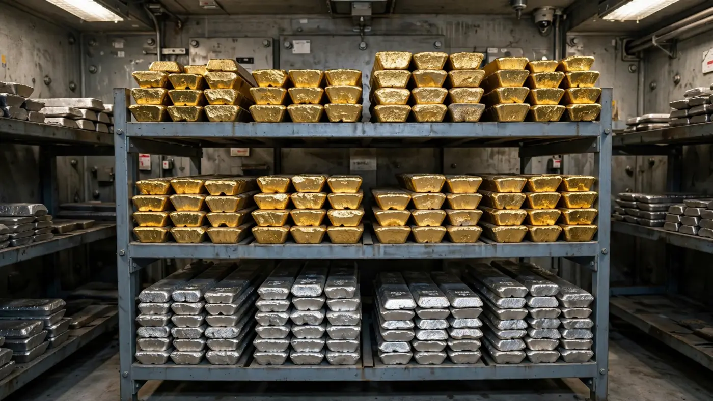 Barras de doré de plata y oro en la bóveda de una instalación minera