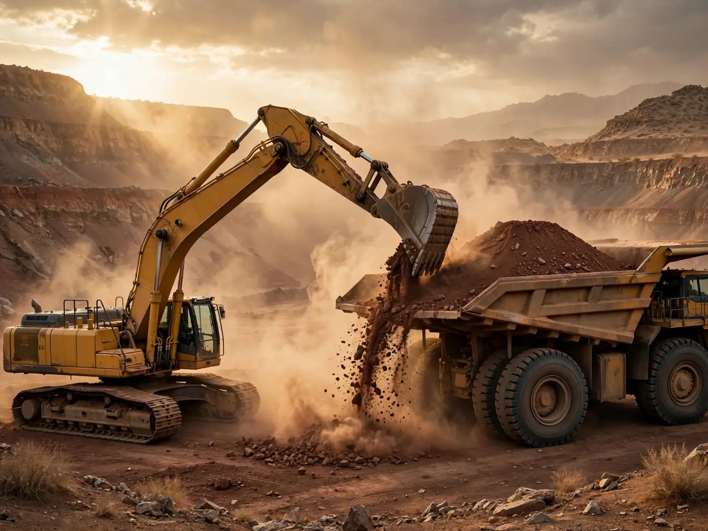 Excavadora cargando mineral en un camión en una mina a cielo abierto