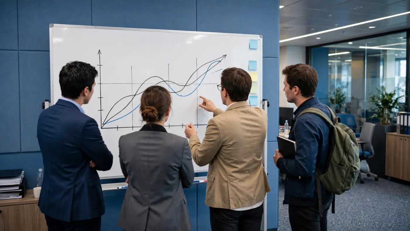 Economistas analizando un gráfico macroeconómico en una pizarra de oficina